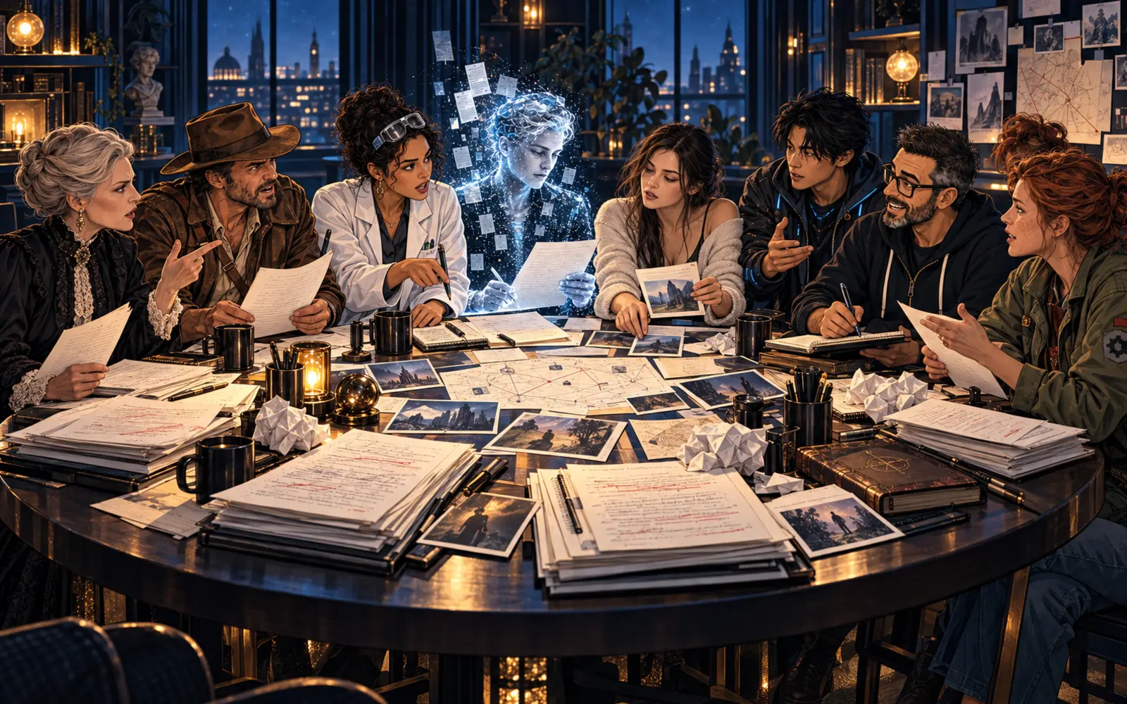 Dirk, derAutor und unterschiedliche Romanfiguren wie ein Abenteurer und eine Wissenschaftlerin planen gemeinsam ARIA