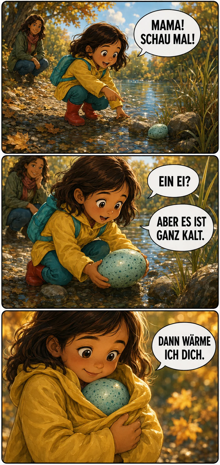 Das Mädchen entdeckt ein kaltes, gesprenkeltes Ei am Wasser