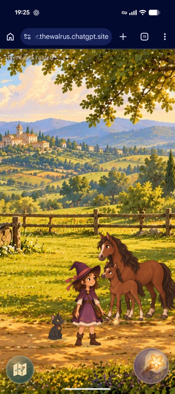 Raya mit Katze, Pferd und Fohlen in einer sonnigen Landschaft